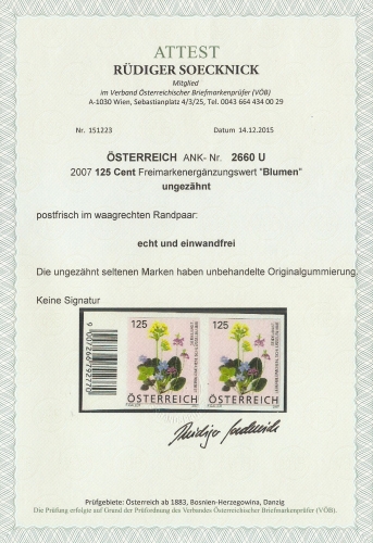 2007 - Österreich - BLUMEN - ANK 2660 U - Ungezähnt - waagrechtes Paar vom linken Bogenrand mit Strichcode - Fototattest - Postfrisch ** / DB / Kommissionsverkauf "HF"